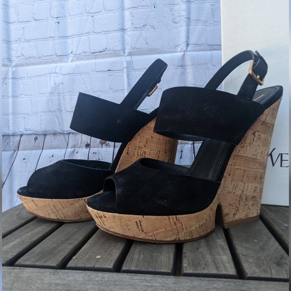 PRE-LOVED YvesSaintLaurent "DEAUVILLE"  BLACK SUEDE WEDGES SIZE 39 WOMENS